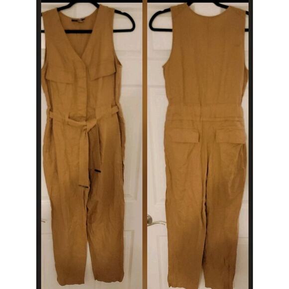 Donna Karan Jumpsuit Womens Small 100% Linen Tan Safari Straight Leg - Picture 1 of 10